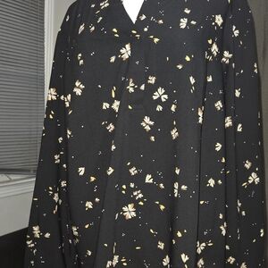 Hilary Radley Black Floral Blouse XXL | Long Sleeve Split Neck Top